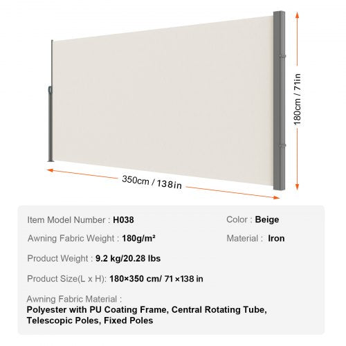 Retractable Side Awning 71x 138 Outdoor Privacy Screen 180g Polyester