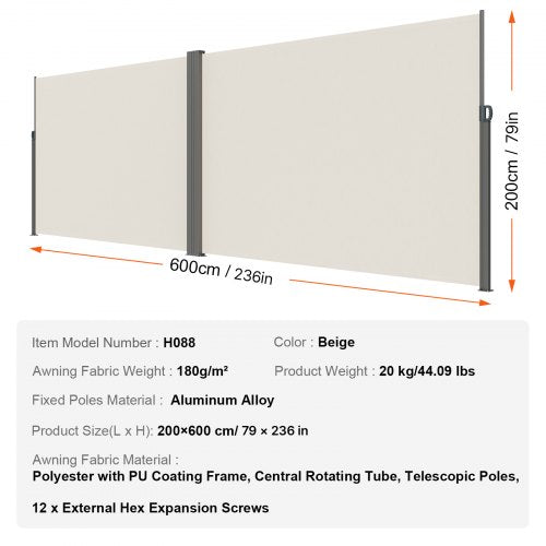 Retractable Side Awning 79x 236 Outdoor Privacy Screen 180g Polyester