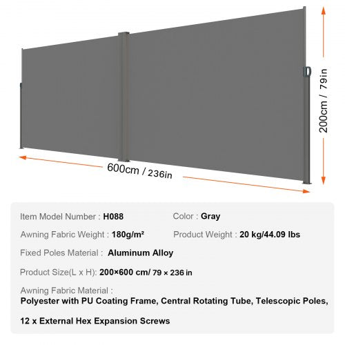 Retractable Side Awning 79x 236 Outdoor Privacy Screen 180g Polyester