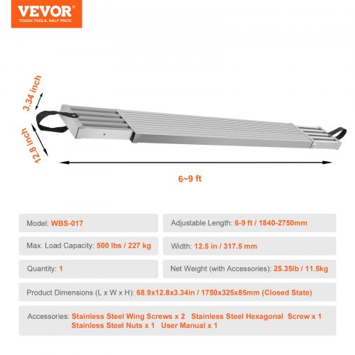 Telescoping Aluminum Work Plank 69 Feet 500lbs Capacity 12.5 inch Width