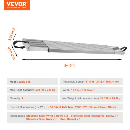 Telescoping Aluminum Work Plank 813 Feet 500lbs Capacity 12.5 inch Width