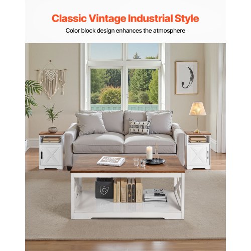 3 Piece Farmhouse Coffee Table Set 40 in with 2 End Table for Living Room 