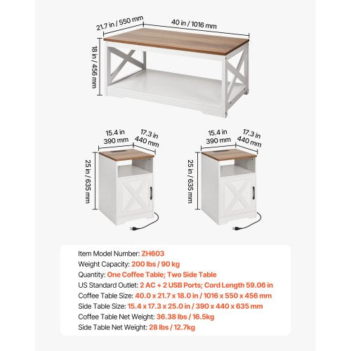 3 Piece Farmhouse Coffee Table Set 40 in with 2 End Table for Living Room 