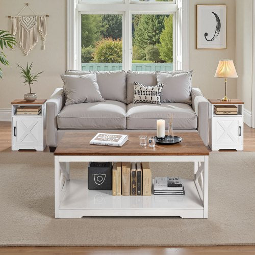 3 Piece Farmhouse Coffee Table Set 40 in with 2 End Table for Living Room 