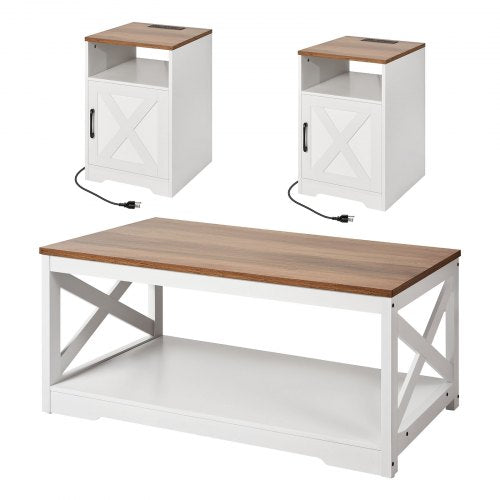 3 Piece Farmhouse Coffee Table Set 40 in with 2 End Table for Living Room 