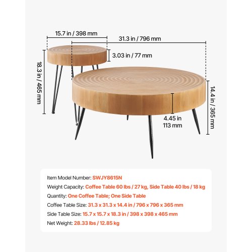2 Pieces Round Coffee Tables Sets 31.3 in Industrial Living Room Table with 1