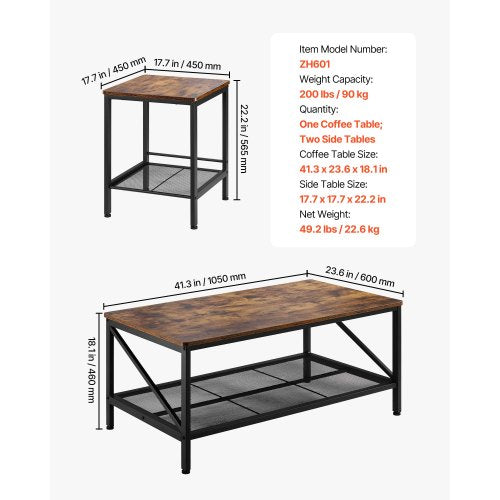 3 Pieces Living Room Table Sets 41.3 in Industrial Coffee Table with 2