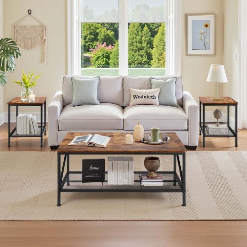 3 Pieces Living Room Table Sets 41.3 in Industrial Coffee Table with 2