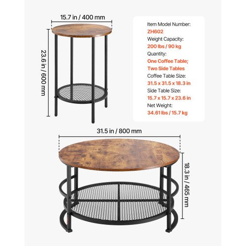 3 Pieces Round Coffee Table Sets 31.5 in Industrial Living Room Table with 2 End