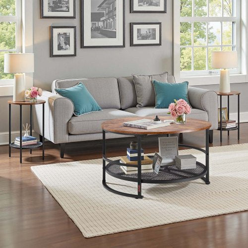 3 Pieces Round Coffee Table Sets 31.5 in Industrial Living Room Table with 2 End