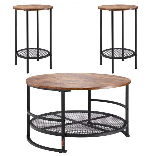 3 Pieces Round Coffee Table Sets 31.5 in Industrial Living Room Table with 2 End