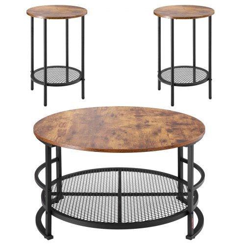 3 Pieces Round Coffee Table Sets 31.5 in Industrial Living Room Table with 2 End