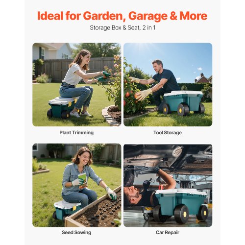 Garden Scooter with Seat 2 in 1 Rolling Garden Cart with Storage Bin