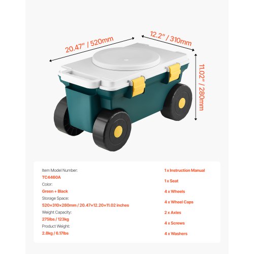 Garden Scooter with Seat 2 in 1 Rolling Garden Cart with Storage Bin
