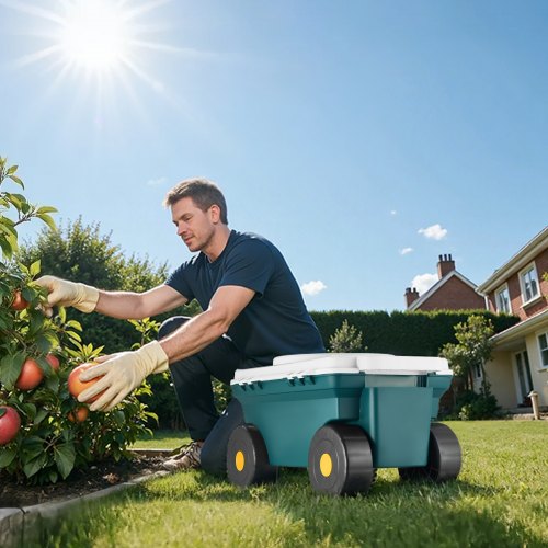 Garden Scooter with Seat 2 in 1 Rolling Garden Cart with Storage Bin