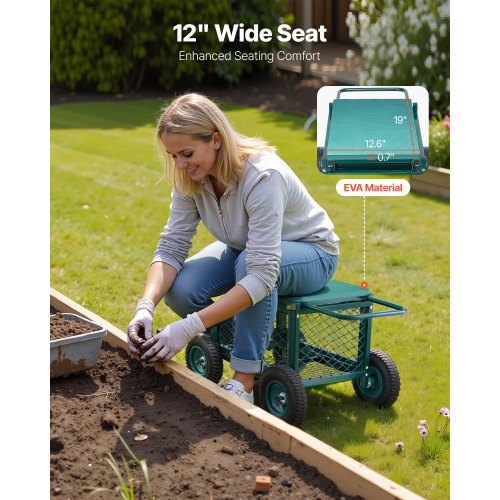 Rolling Garden Cart with Seat Metal Rolling Garden Work Seat with Wheels