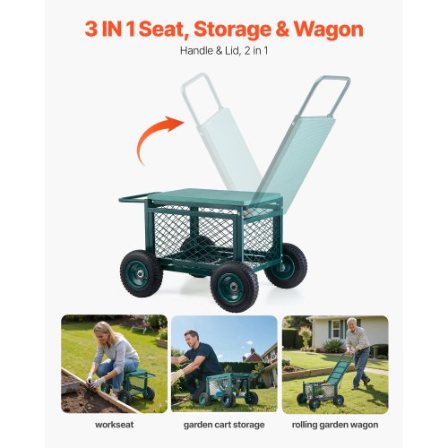 Rolling Garden Cart with Seat Metal Rolling Garden Work Seat with Wheels