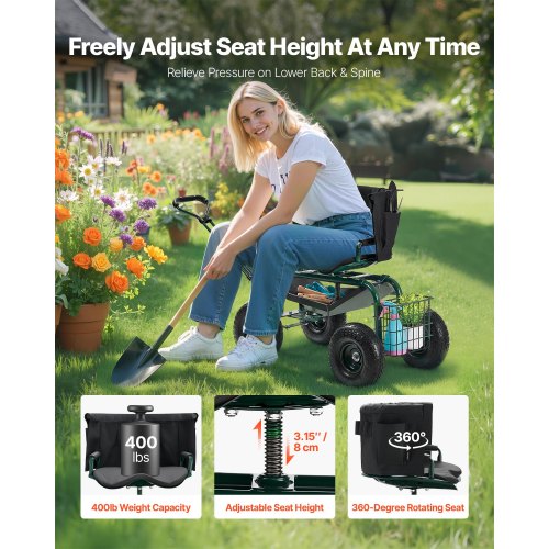 Garden Seat with Wheels Rolling Garden Stool with Height Adjustable 360°