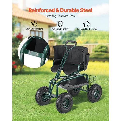Garden Seat with Wheels Rolling Garden Stool with Height Adjustable 360°