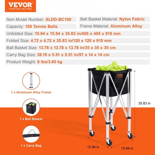 Foldable Tennis Ball Hopper Holds 150 Tennis Balls Lightweight Aluminum