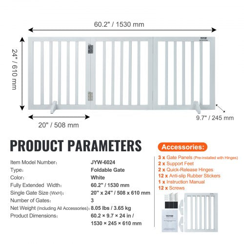 Free Standing Dog Gate 24 H x 60 W Freestanding Pet Gate 3 Panels