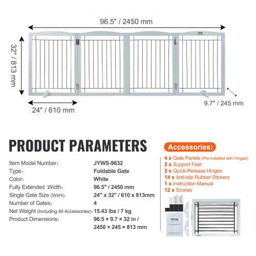 Free Standing Dog Gate 32 H x 965 W Freestanding Pet Gate 4 Panels