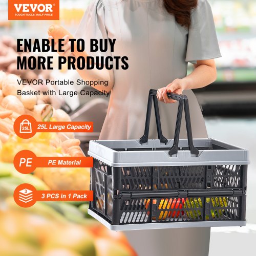 Collapsible Shopping Basket 3 Pack 25L Plastic Foldable Storage Crate