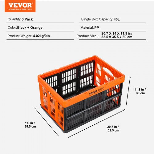 Plastic Collapsible Storage Basket 45L 3 Packs Folding Stackable Storage