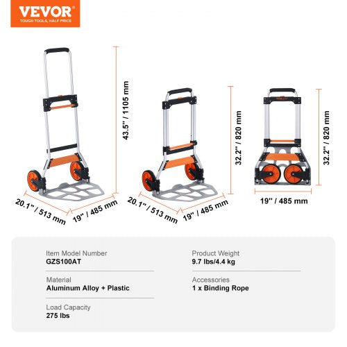 Folding Hand Truck 275 lbs Load Capacity Aluminum Portable Cart