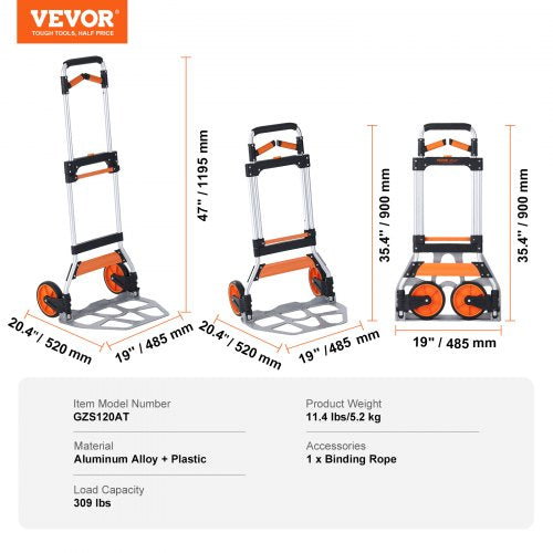 Folding Hand Truck 309 lbs Load Capacity Aluminum Portable Cart