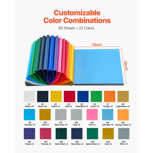 Heat Transfer Vinyl 80 Pack 12 x 12 in Assorted Colors HTV Iron on Vinyl