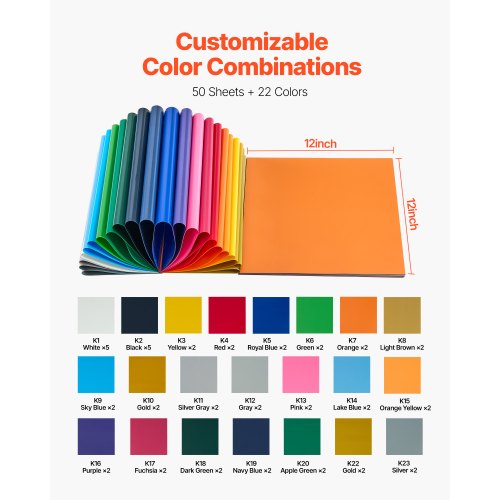 Heat Transfer Vinyl 50 Pack 12 x 12 in Assorted Colors HTV Iron on Vinyl