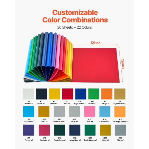 Heat Transfer Vinyl 30 Pack 12 x 12 in Assorted Colors HTV Iron on Vinyl