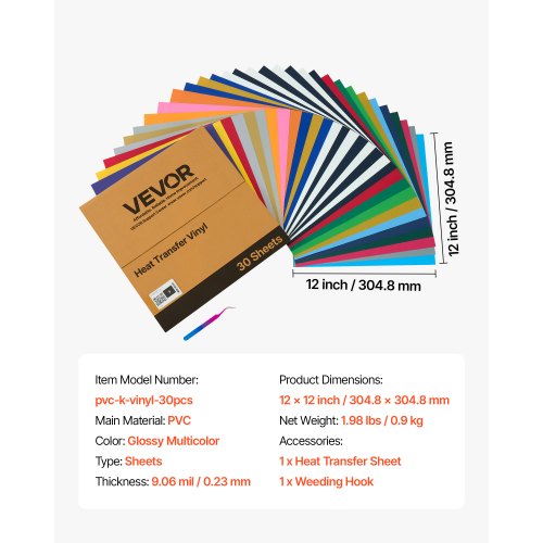 Heat Transfer Vinyl 30 Pack 12 x 12 in Assorted Colors HTV Iron on Vinyl