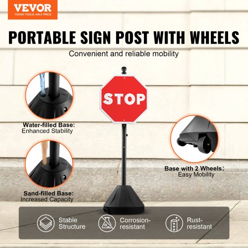 Portable Sign Post 5 ft Cast Iron Sign Post Holder with Hard Plastic Base