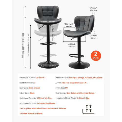 Bar Stool Set of 2 Modern PU Leather Counter Height Stools Swivel Kitchen
