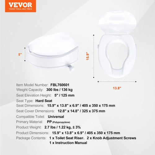 Raised Toilet Seat 5 Raised 300 lbs Universal Toilet Riser for Elderly