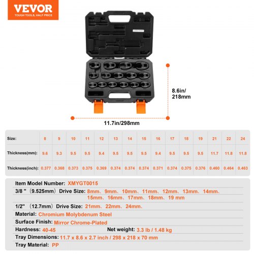 Crowfoot Wrench Set 12 and 38 Drive 15Piece Crows Foot Wrench Set with PP