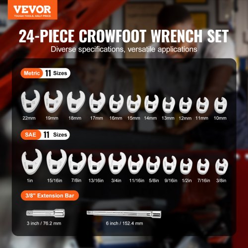 38 Drive Crowfoot Wrench Set with 2 Extension Bars 24Piece Crows Foot
