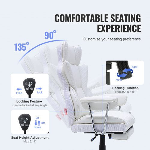 Reclining Office Chair with Footrest Heavy Duty PU Leather Wide Office