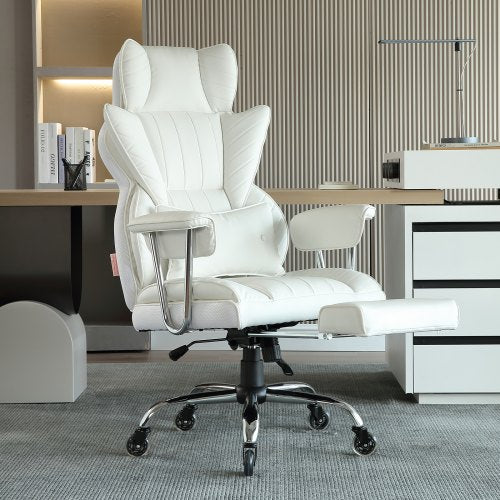 Reclining Office Chair with Footrest Heavy Duty PU Leather Wide Office