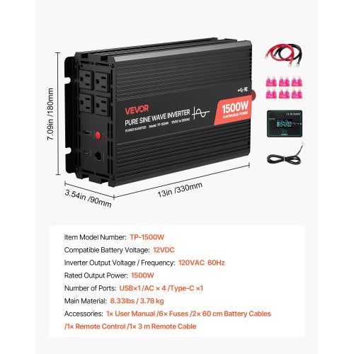 1500W Power Inverter 12V Dc To 120V Ac Pure Sine Wave Car Charger Converter