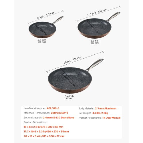 Frying Pan Skillet Aluminum Egg Fry Pans 3 Piece 8 10 12 in Nonsitck