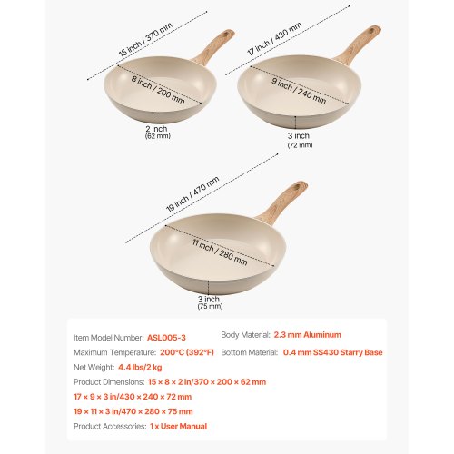 Frying Pan Skillet Aluminum Egg Fry Pans 3 Piece 8 95 11 in Nonsitck