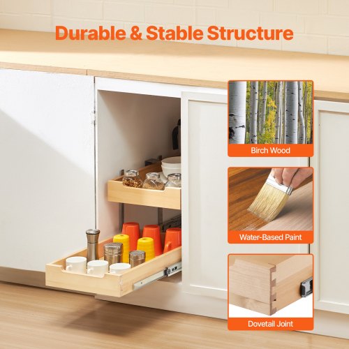 2 Tier Pull Out Cabinet Organizer 14W x 21D Cabinet Drawer Soft Close