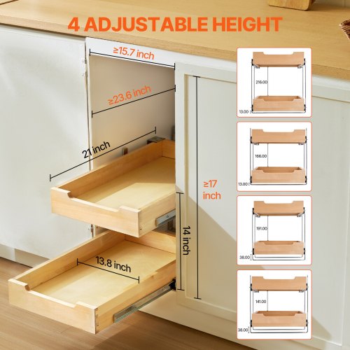 2 Tier Pull Out Cabinet Organizer 14W x 21D Cabinet Drawer Soft Close