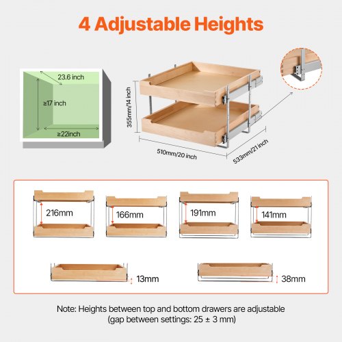 2 Tier Pull Out Cabinet Organizer 20W x 21D Cabinet Drawer Soft Close