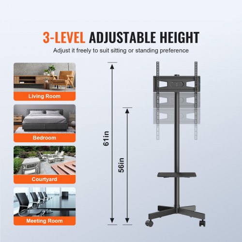 Mobile TV Stand Mobile TV Cart for 23 to 60 inch TVs Height Adjustable