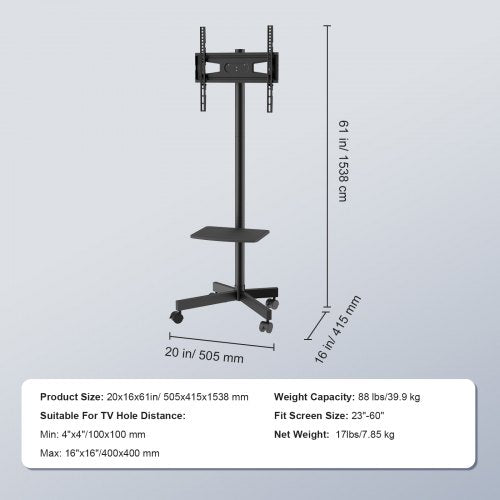 Mobile TV Stand Mobile TV Cart for 23 to 60 inch TVs Height Adjustable