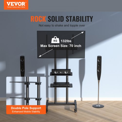 Mobile TV Stand Mobile TV Cart for 32 to 70 inch TVs Height Adjustable